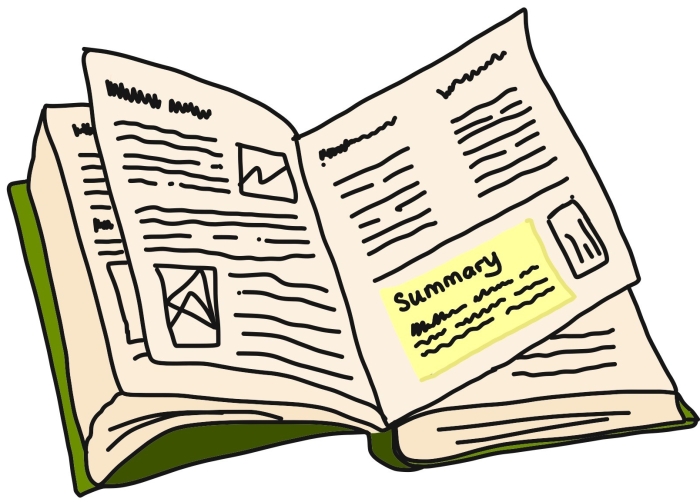 Open book with a sticky note at the bottom of the right-hand page containing a summary