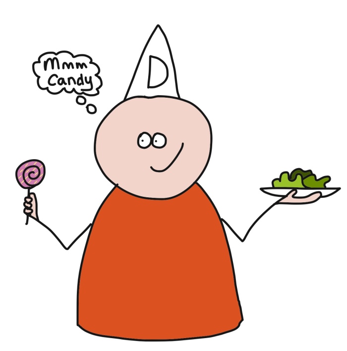 Child in a dunce's hat delighting over candy rather than a salad (illustrating one of the above mnemonics)