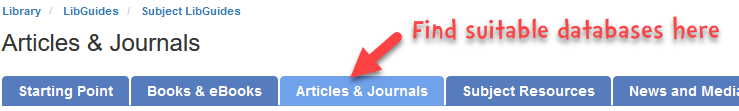 A screenshot showing the articles and jorunals tab on a Subject Libguide. You can find this by navigating to one of the Subject LibGuides and following the link to 'Articles and Journals'