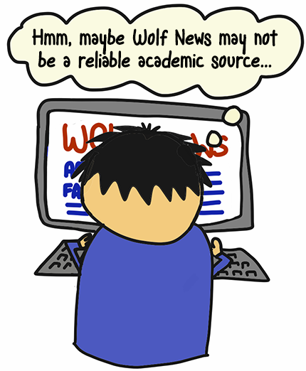 Hmmm. Maybe Wolf News may not be a reliable academic source this student questions in this comic. 